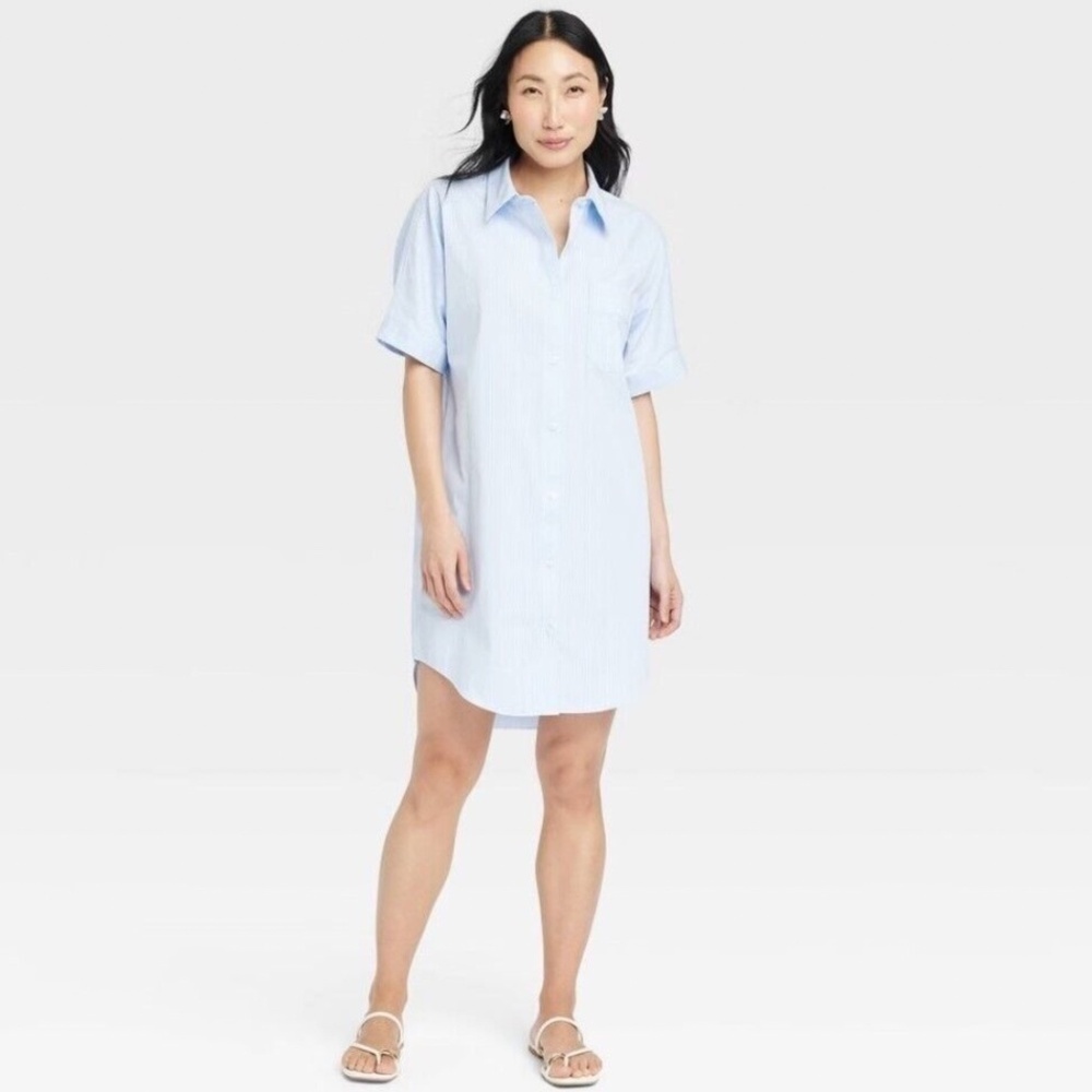 A new day Blue Stripe Short Sleeve Button Up Oversized Woven Mini Shirtdress (M)